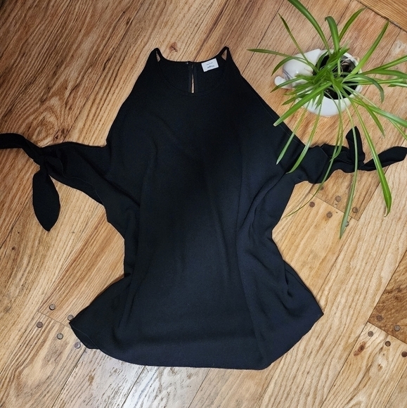 WILFRED Womens Sheer Cold Shoulder Tie Sleeve Top Size Large Silk Trim Black - Picture 1 of 7